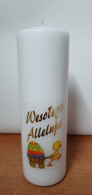 Świeca słupek 15cm Wesołego Alleluja z kurczakiem Świeca słupek 15cm Wesołego Alleluja z kurczakiem