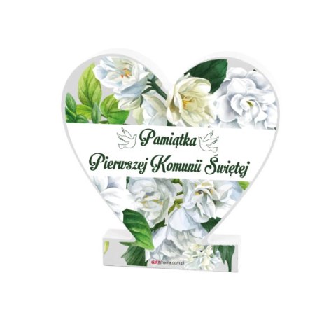 Drewniana tabliczka serce z podstawką wzbogacona lakierem UV z napisem "Pierwsza Komunia Święta" Drewniana tabliczka serce z podstawką wzbogacona lakierem UV z napisem "Pierwsza Komunia Święta"