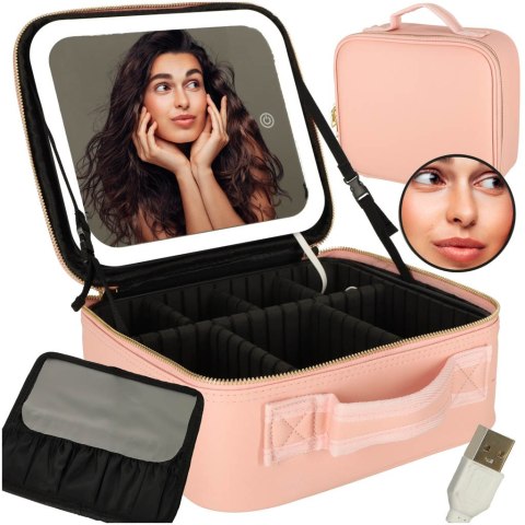 Kosmetyczka organizer na kosmetyki biżuterię kuferek z lusterkiem 10-krotne powiększenie różowy Kosmetyczka organizer na kosmetyki biżuterię kuferek z lusterkiem 10-krotne powiększenie różowy
