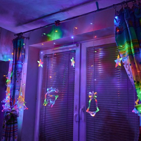 Lampki LED kurtyna renifer dzwonek mix świąteczne choinkowe 2,5m 138LED multikolor 8 trybów świecenia IP44 Lampki LED kurtyna renifer dzwonek mix świąteczne choinkowe 2,5m 138LED multikolor 8 trybów świecenia IP44