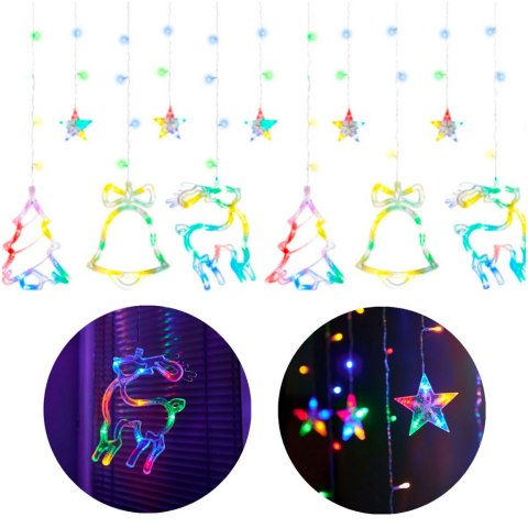 Lampki LED kurtyna renifer dzwonek mix świąteczne choinkowe 2,5m 138LED multikolor 8 trybów świecenia IP44 Lampki LED kurtyna renifer dzwonek mix świąteczne choinkowe 2,5m 138LED multikolor 8 trybów świecenia IP44