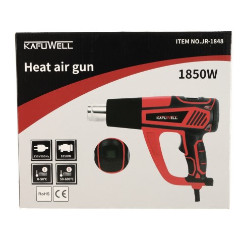 KAFUWELL Opalarka elektryczna z regulacja tempratury 0-600 st. C przepływ powietrza 300-500 l/min + 4 wymienne końcówki 1850W KAFUWELL Opalarka elektryczna z regulacja tempratury 0-600 st. C przepływ powietrza 300-500 l/min + 4 wymienne końcówki 1850W